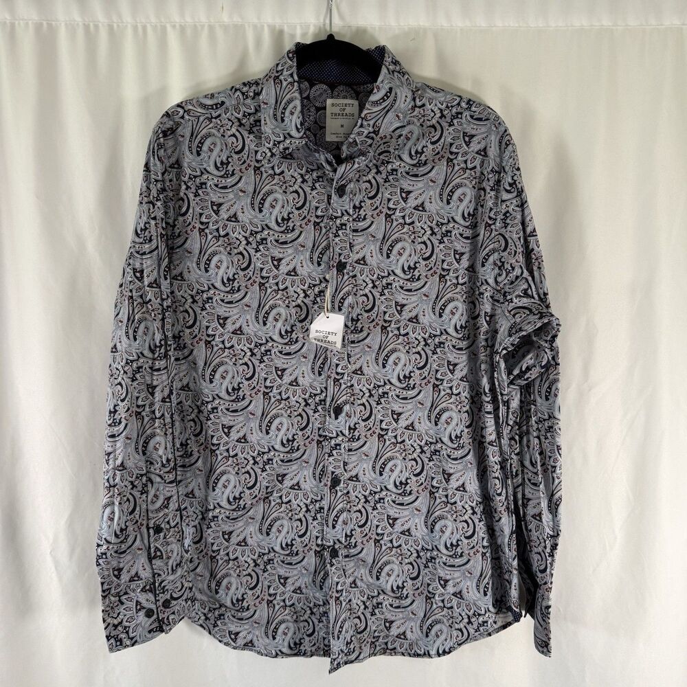 New Society of Threads Dress Shirt Men's Medium Blue Paisley Button Up Slim Fit